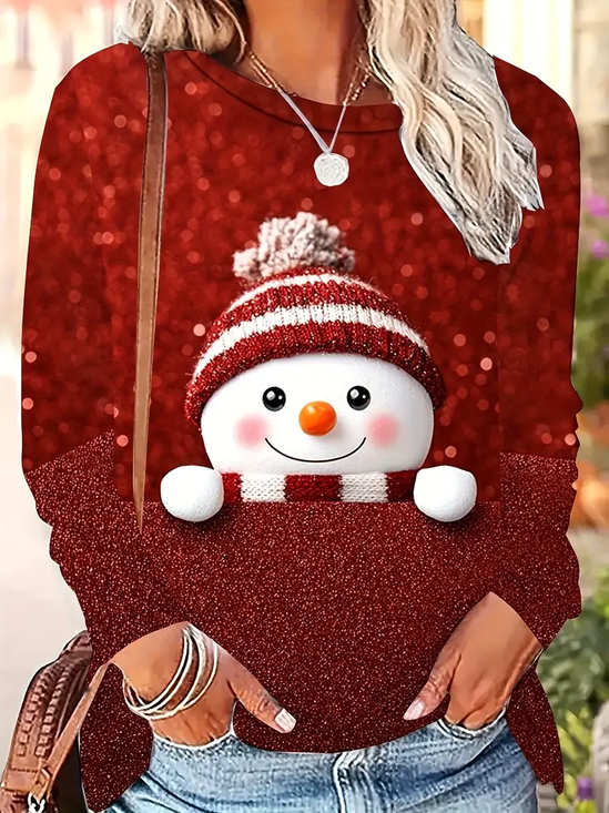 T-shirts Femmes Décontracté Printemps / Automne Noël Imprimé Micro-élasticité Manches Longues Col Rond Régulier Droit