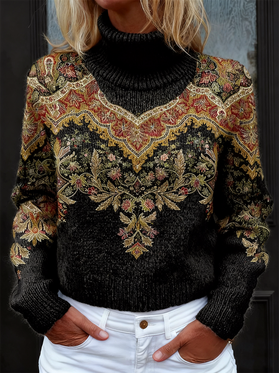 Pulls Nationalité/ethnie Rétro Hiver Poids lourd Ample Manches Longues Col Roulé Droit Élasticité moyenne pour Femmes