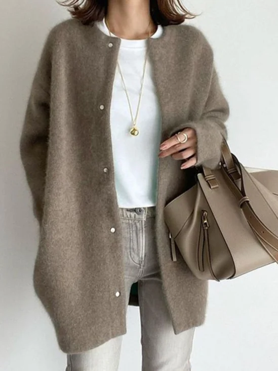 Col Rond Manches Longues Régulier Plain Manteau pour Femmes