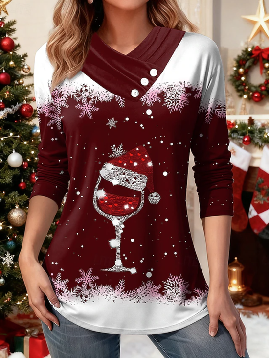 T-shirts Décontracté Printemps / Automne Motif dégradé Micro-élasticité Ample Noël Manches Longues Régulier Droit pour Femmes