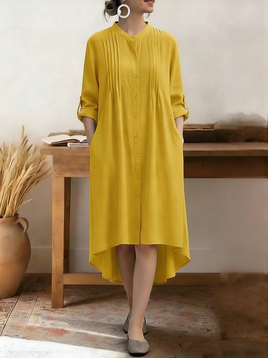 Femmes Plain Bleu Col Montant Confortable Robe Mi-Longue Décontracté