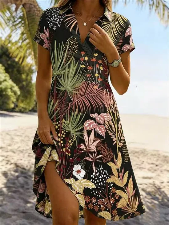 Femmes Floral Noir Col Châle Confortable Robe de Longueur Au Genou Décontracté
