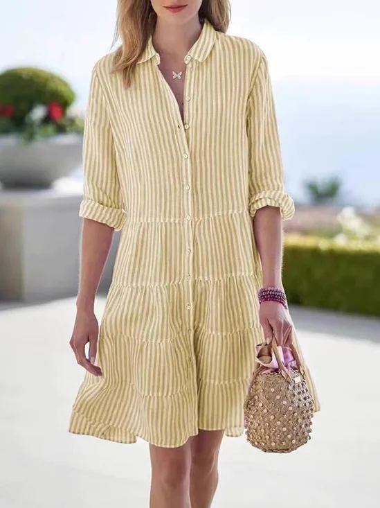 Femmes Rayé Vert Col de Chemise Confortable Robe de Longueur Au Genou Décontracté