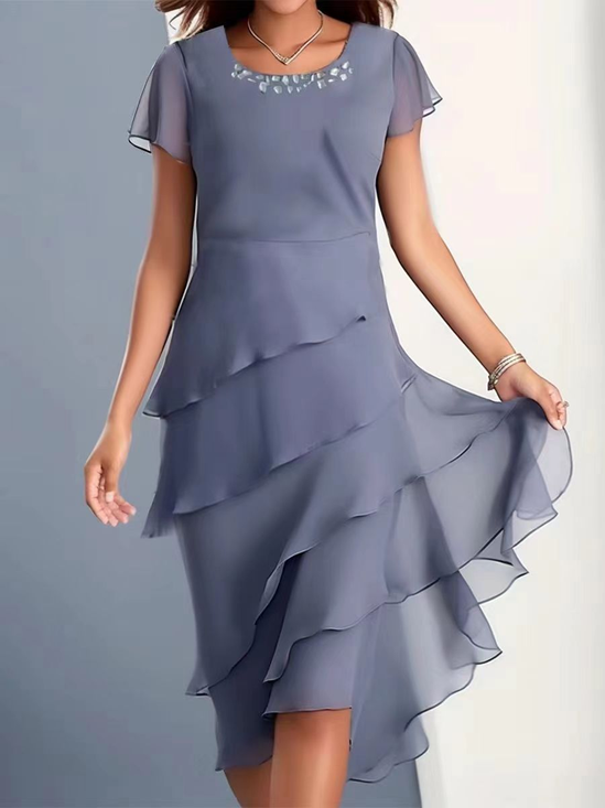Femmes Plain Bleu Col Rond Confortable Robe Mi-Longue Simple