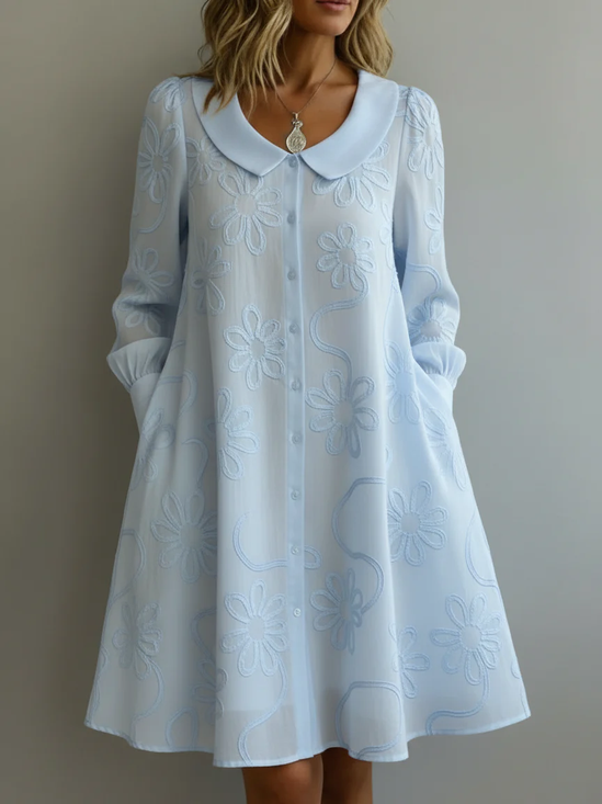 Femmes Floral Bleu Col de Chemise Confortable Robe Mi-Longue Rétro