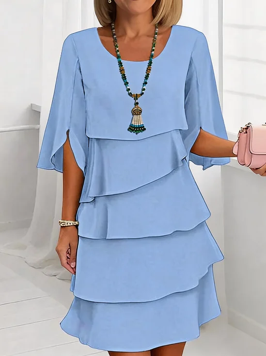 Femmes Plain Bleu Col Rond Confortable Robe Mi-Longue Simple