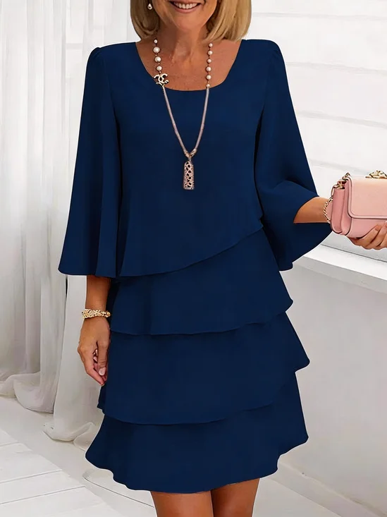 Femmes Plain Bleu Marine Col Rond Confortable Robe Mi-Longue Élégant
