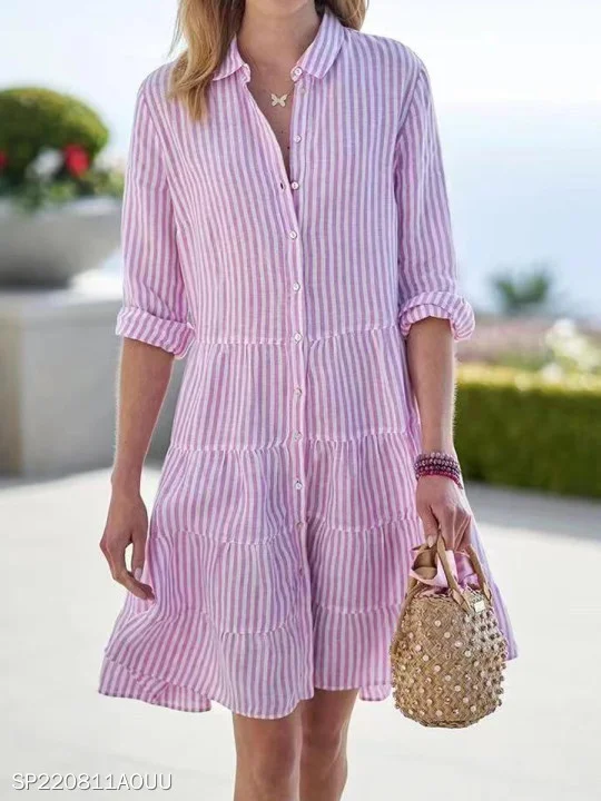 Femmes Rayé Rose Col Châle Confortable Imprimé Robe Mi-Longue Rétro