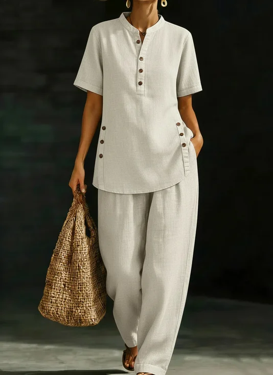 Deux Pièces Ensembles Femmes Décontracté Plain Été Col Montant Aucune élasticité Coupe Régulière Top Avec Pantalons Trapèze Régulier