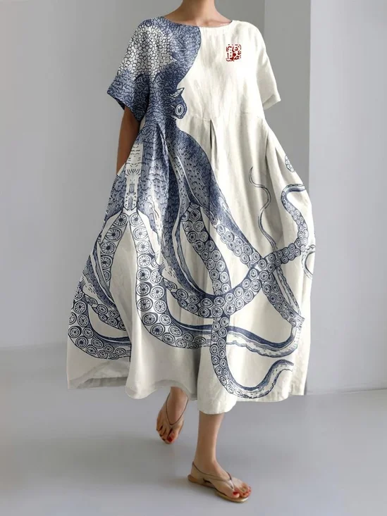 Femmes Marin Vie Vert Col V Confortable Robe Maxi Rétro