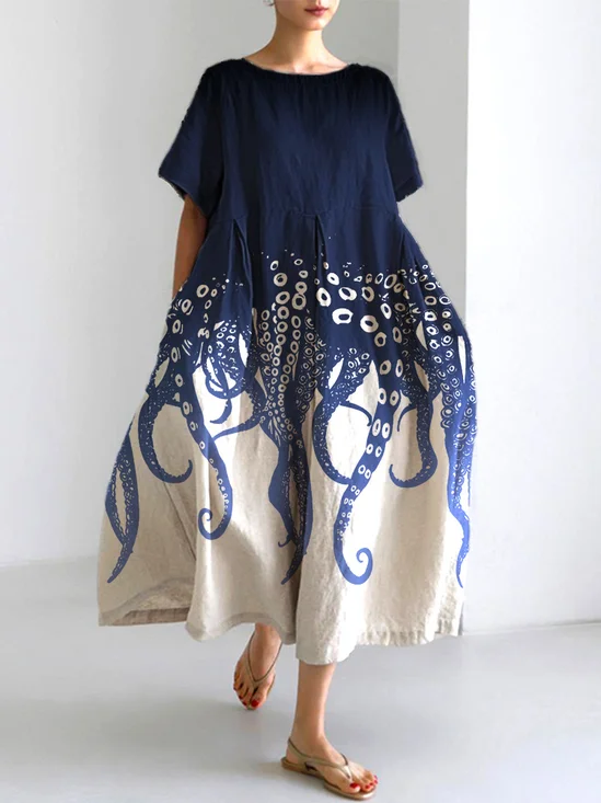 Femmes Marin Vie Bleu Col V Confortable Robe Maxi Rétro