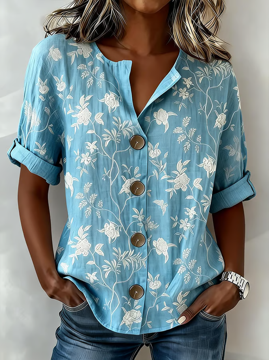 Chemises Décontracté Floral Printemps / Automne Col Montant Micro-élasticité Domestique Coupe Régulière Manches Longues Régulier pour Femmes