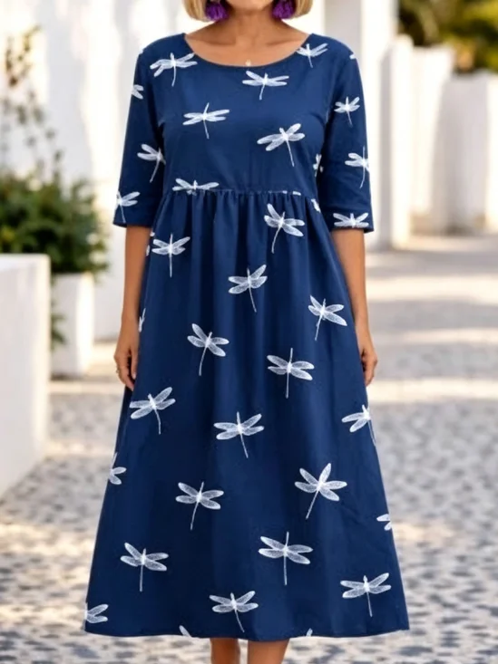 Femmes impression en 3D Bleu Marine Col Rond Confortable Robe Mi-Longue Rétro