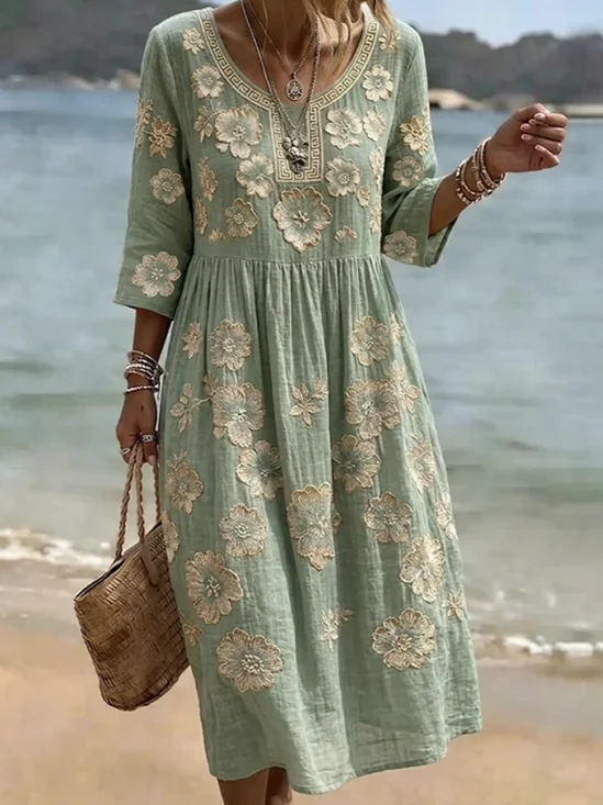 Femmes impression en 3D Vert Confortable Robe Mi-Longue Rétro