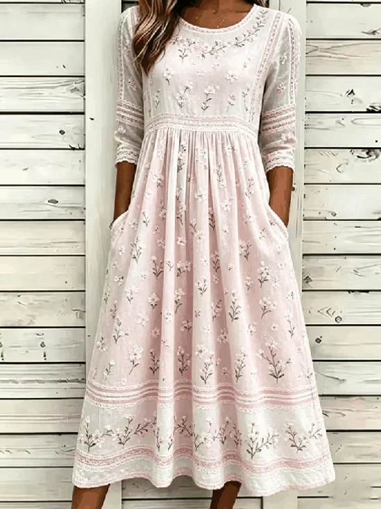 Femmes impression en 3D Rose Col Rond Confortable Robe Mi-Longue Rétro