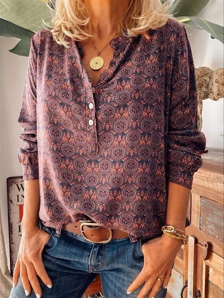 Décontracté Rétro Col V Imprimé Floral Blouse