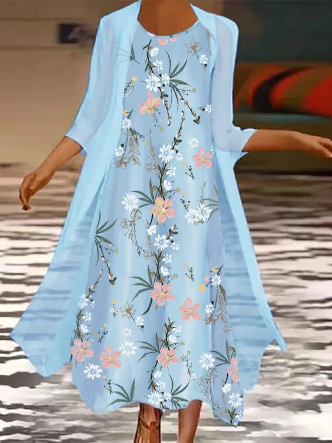 Robe Bohème Mode Automne 2022 A Fleurs Longue Ensembles Bleu Frnoracora 