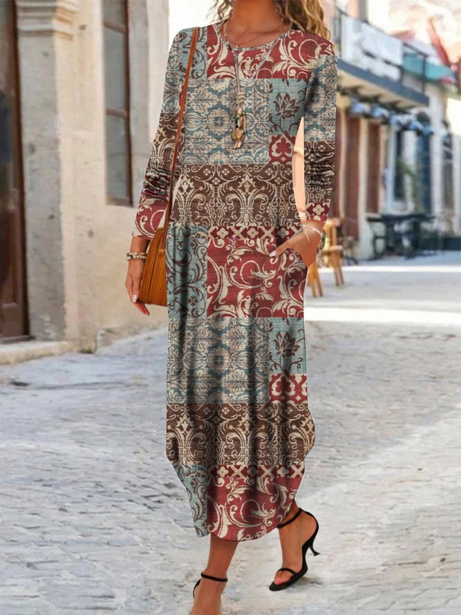 Robes Décontracté Ethnique Hiver Ample Milongue Manches Longues Col