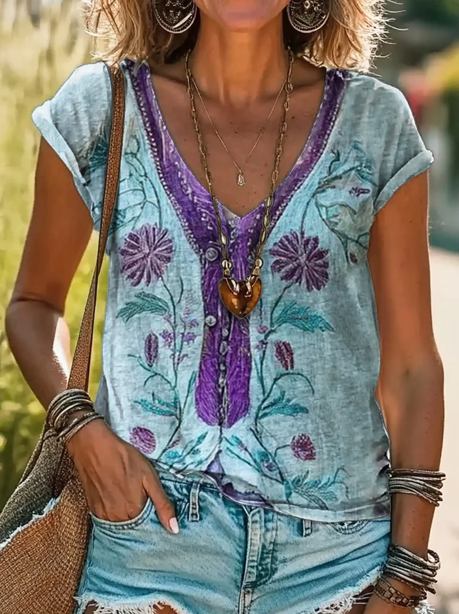 T-shirts Décontracté Floral Été Col V Imprimé Micro-élasticité Coupe Régulière Manches Courtes Régulier pour Femmes