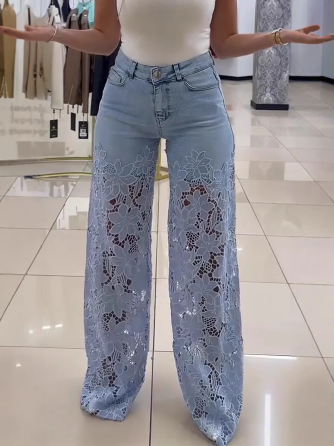 Jeans Floral Dame Romance Printemps / Automne Coton Naturel Coupe Régulière Long Droit Régulier pour Femmes