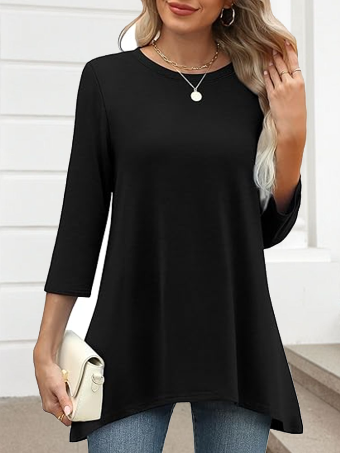 T-shirts Décontracté Plain Printemps / Automne Polyester Micro-élasticité Manches trois quarts Col Rond Trapèze Régulier pour Femmes