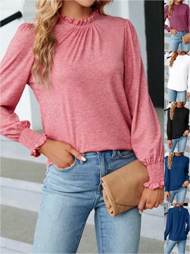 T-shirts Ethnique Plain Printemps / Automne Joint Fendu Manche Ballon Manches Longues Col Rond Droit Régulier pour Femmes