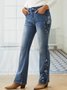 Jeans Femmes Décontracté Floral Automne Zip Micro-Élasticité Ample Cloche-Bas de pantalon Long Régulier