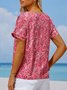 T-shirts Été Élégant Floral Motif Col V Boutonné Aucune élasticité Ample Manches Courtes Régulier pour Femmes