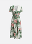 Femmes Floral Vert Col V Confortable à Lacets Robe Mi-Longue Élégant