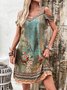 Femmes Floral Vert Col V Confortable Mini Robe Décontracté