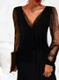 Robe mi-longue Femme Robe de Soirée Dentelle Manches Longues Col V Sexy Fête Élégant