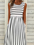 Femmes Rayé Noir-Blanc Col Rond Confortable Robe Maxi Décontracté