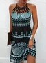 Robe Femme Imprimé Attaché au Cou Sans Manches Courte Tricot Caraco
