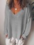 Décontracté Col V en Mélangé de Coton Manches Longues T-shirt