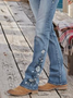 Jeans Femmes Décontracté Floral Automne Zip Micro-Élasticité Ample Cloche-Bas de pantalon Long Régulier