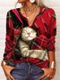 T-Chemise Femmes Décontracté Hiver Plaid Col V Léger Micro-Élasticité Vacances Manches Longues H-ligne