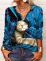 T-Chemise Femmes Décontracté Hiver Plaid Col V Léger Micro-Élasticité Vacances Manches Longues H-ligne