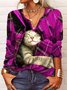 T-Chemise Femmes Décontracté Hiver Plaid Col V Léger Micro-Élasticité Vacances Manches Longues H-ligne