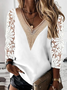 Tops Décontracté Plain Printemps Col V Micro-élasticité Ample Manches Longues Droit Régulier pour Femmes
