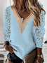 Tops Décontracté Plain Printemps Col V Micro-élasticité Ample Manches Longues Droit Régulier pour Femmes