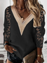 Tops Décontracté Plain Printemps Col V Micro-élasticité Ample Manches Longues Droit Régulier pour Femmes
