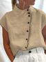 Blouses Plain Été en Lin Col Montant Naturel Aucune élasticité Régulier Régulier T.-N.-L. pour Femmes