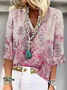 Chemises Décontracté Floral Printemps / Automne Polyester Col V Naturel Micro-élasticité Ample Manches 3/4 pour Femmes