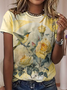 T-shirts Été Simple Jaune Floral Micro-élasticité Quotidien Ample Col Rond Droit Régulier pour Femmes