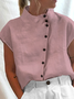 Blouses Plain Été en Lin Col Montant Naturel Aucune élasticité Régulier Régulier T.-N.-L. pour Femmes