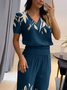 Deux Pièces Ensembles Décontracté Été Floral Motif Col V Ample Jersey Top Avec Pantalons Droit Régulier pour Femmes