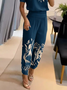 Deux Pièces Ensembles Décontracté Été Floral Motif Col V Ample Jersey Top Avec Pantalons Droit Régulier pour Femmes