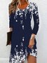Femmes Floral Bleu Foncé Col Rond Confortable Robe Mi-Longue Décontracté
