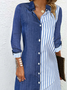 Femmes Rayé Bleu Col de Chemise Confortable Boucle Robe Mi-Longue Décontracté