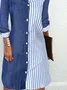 Femmes Rayé Bleu Col de Chemise Confortable Boucle Robe Mi-Longue Décontracté